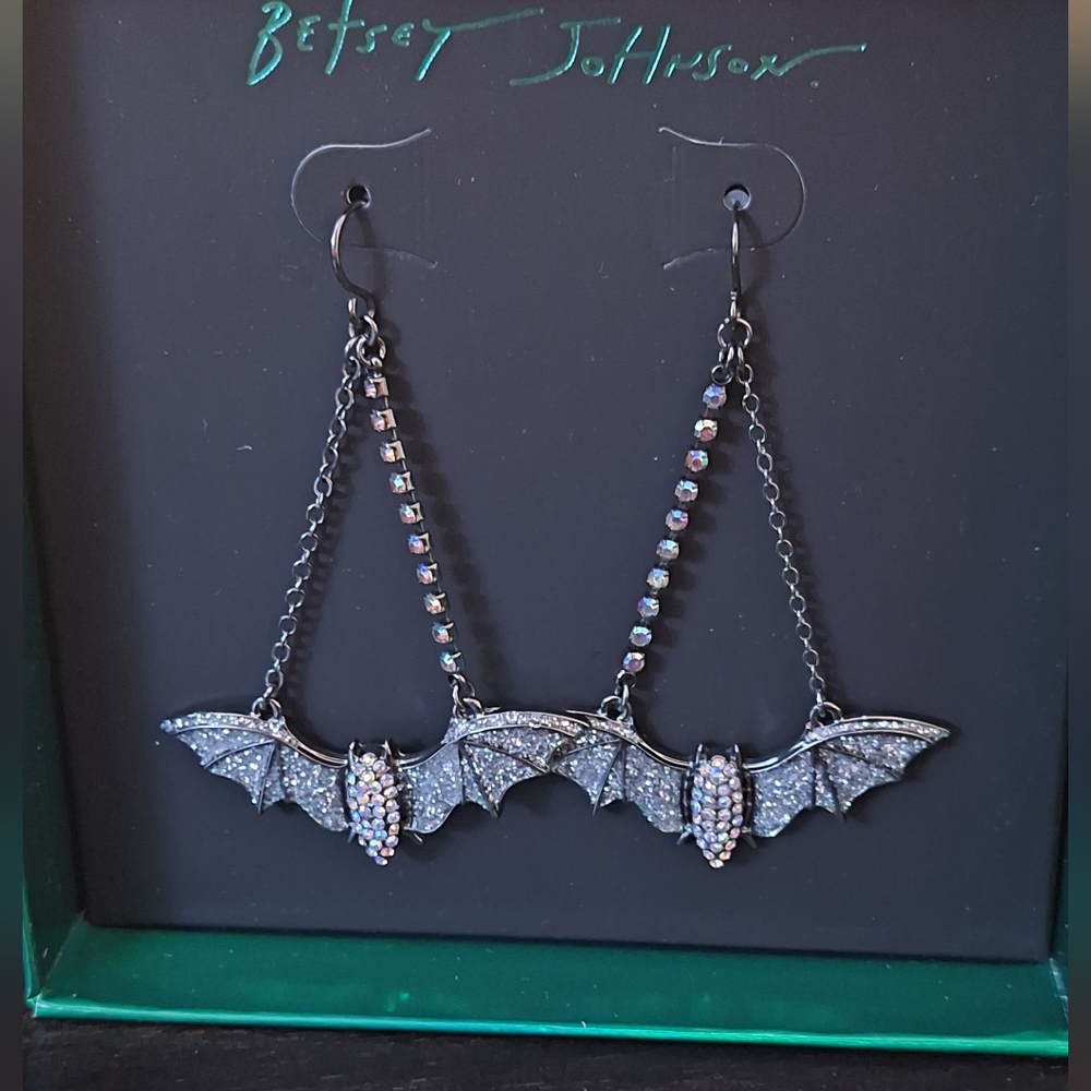 Betsey Johnson Black and Silver Bat Earrings with Spider Web Box - Picture 2 of 2